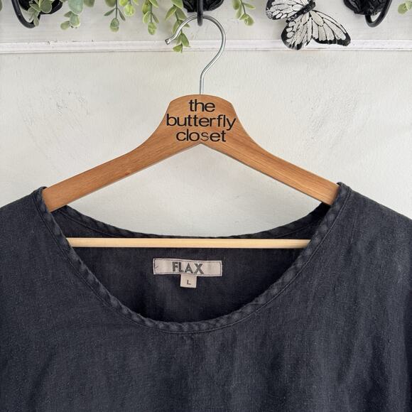 Flax 100% Linen Black Short Sleeve Top Large Lagenlook LS - Picture 2 of 3